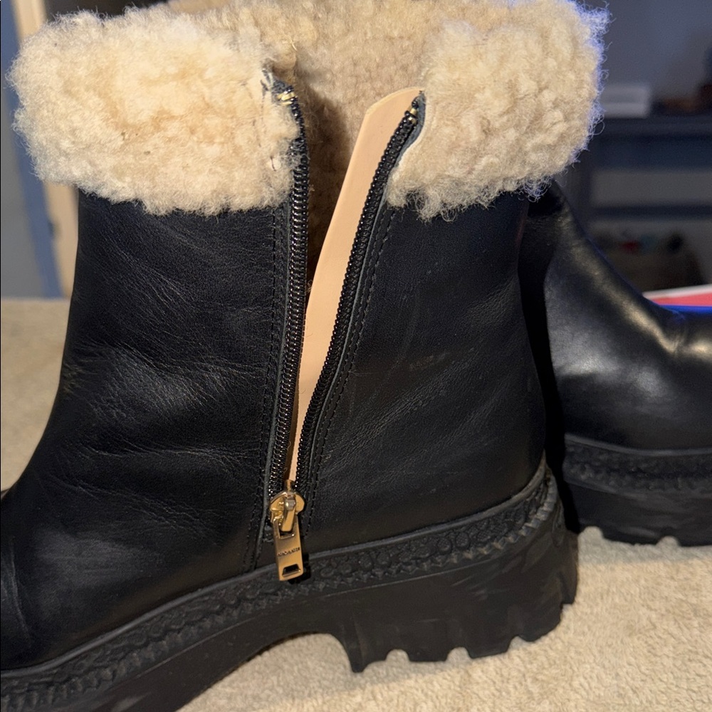Coach Black Leather Lace-Up Platform Boots with Cream Shearling Trim - Picture 9 of 11